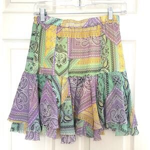 Le Superbe Skirt Silk Patchwork Paisley Mini Women’s Size 4 Tiered Boho Flounce